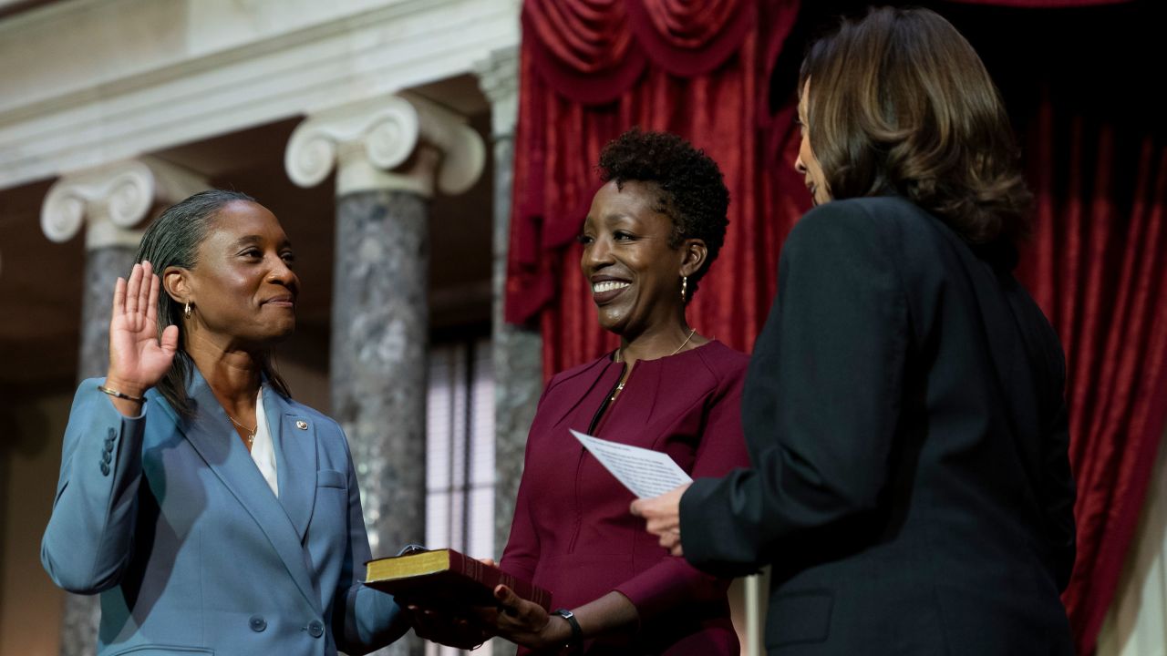 Vice President Kamala Harris, right, swears in Laphonza Butler, left, to the Senate to succeed the late Sen. Dianne Feinstein on Tuesday, October 3, 2023, on Capitol Hill in Washington.