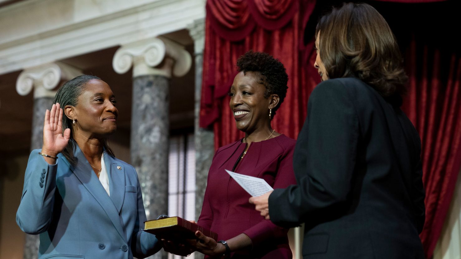 Vice President Kamala Harris, right, swears in Laphonza Butler, left, to the Senate to succeed the late Sen. Dianne Feinstein on Tuesday, October 3, 2023, on Capitol Hill in Washington.