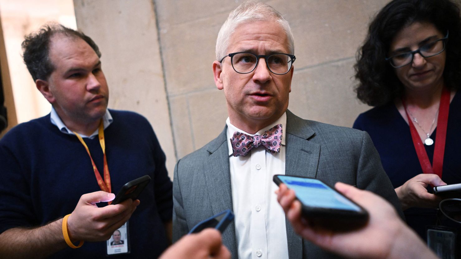 Rep. Patrick McHenry speaks to members of the media at the US Capitol on October 3, 2023. 