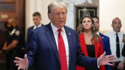 Former President Donald Trump speaks to the media before entering the courtroom at New York Supreme Court, Tuesday, Oct. 3, 2023, in New York. (AP Photo/Seth Wenig)