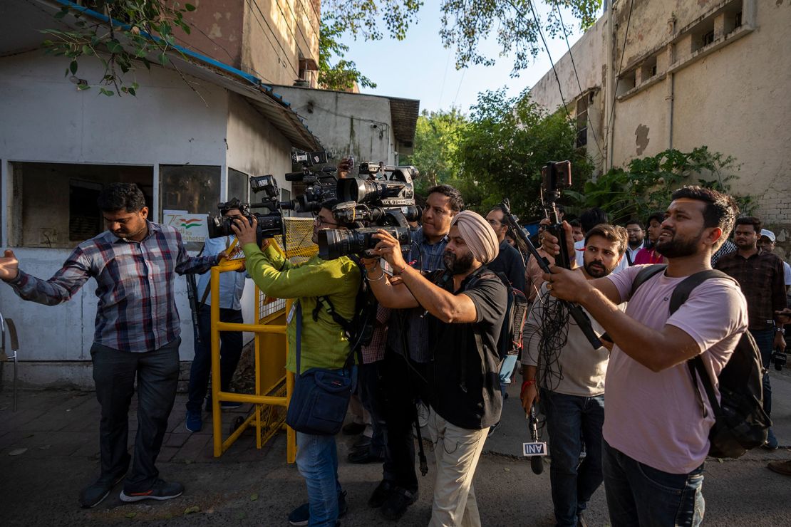 Media personnel outside the Delhi Police's Special Cell in New Delhi, India, on Oct. 3.