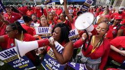 United Auto Workers members attend a rally in Detroit, Friday, Sept. 15, 2023. The UAW is conducting a strike against Ford, Stellantis and General Motors. (AP Photo/Paul Sancya, File)