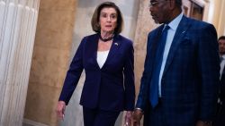UNITED STATES - SEPTEMBER 21: Reps. Nancy Pelosi, D-Calif., and Gregory Meeks, D-N.Y., arrive for a meeting with Ukrainian President Volodymyr Zelenskyy in the U.S. Capitol on Thursday, September 21, 2023. Zelenskyy met with senators later in the morning. (Tom Williams/CQ-Roll Call, Inc via Getty Images)