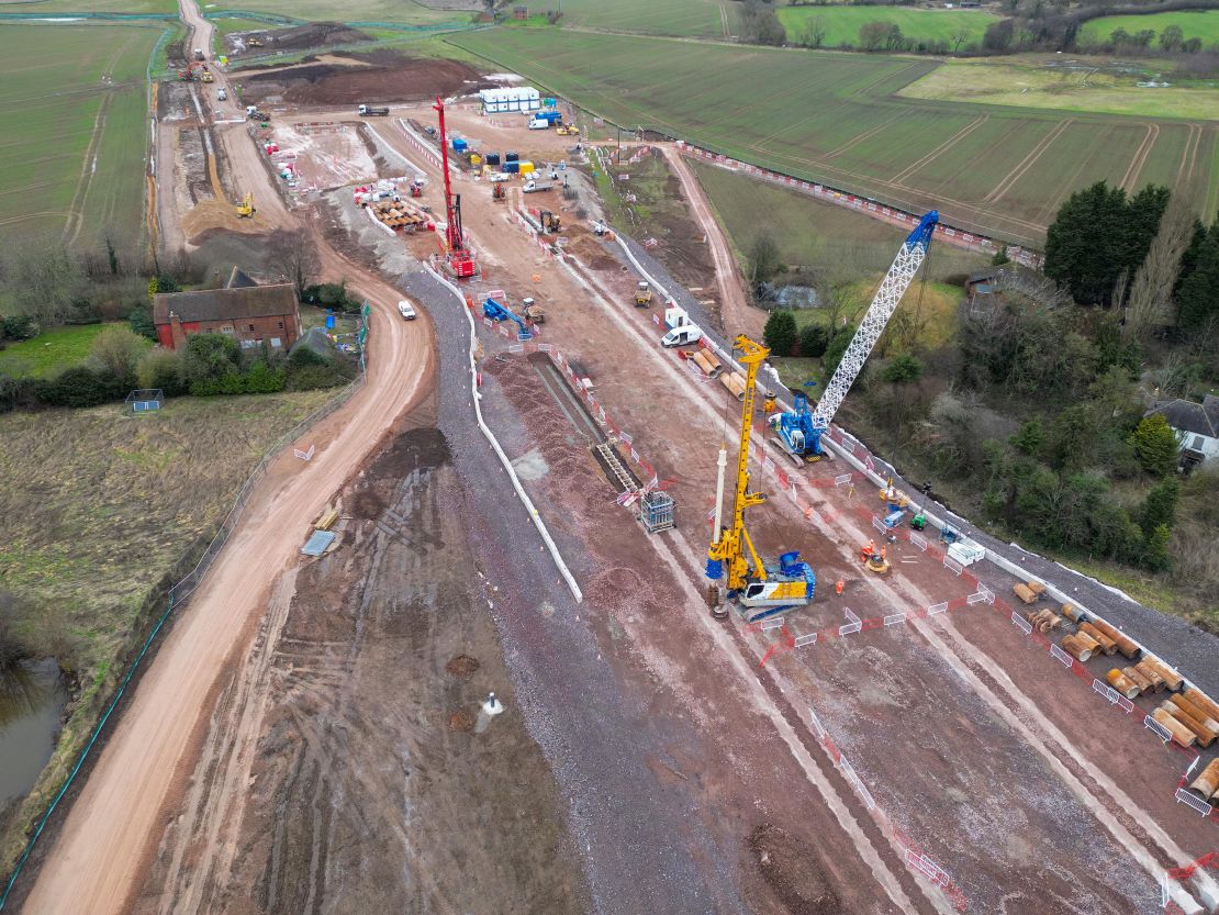 Construction of HS2 near Lichfield in the English Midlands region, seen in January