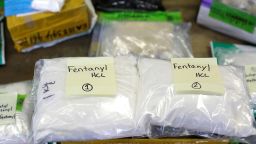Plastic bags of Fentanyl displayed by US Customs and Border Protection at the International Mail Facility at O'Hare International Airport in Chicago, Illinois, November 29, 2017