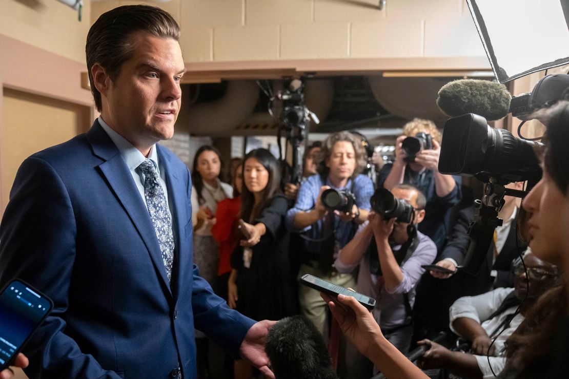 Rep. Matt Gaetz speaks to reporters at the Capitol in Washington on October 3, 2023.
