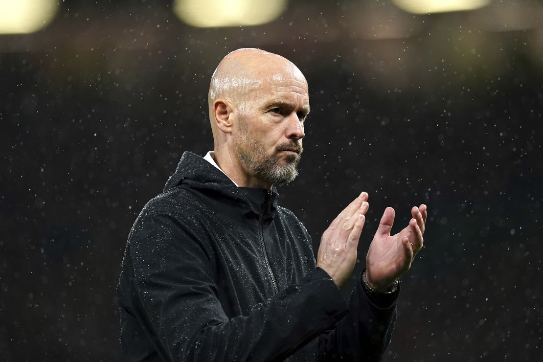 Manchester United manager Erik ten Hag applauds the fans following defeat after the final whistle in the UEFA Champions League Group A match at Old Trafford, Manchester. Picture date: Tuesday October 3, 2023. 74009918 (Press Association via AP Images)