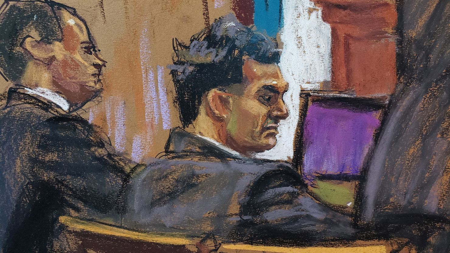 Court sketch of Sam Bankman-Fried as he sits with his defense team during his fraud trial at federal court in New York City.