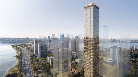 An artist's impression of world's tallest hybrid timber tower in South Perth, Australia.