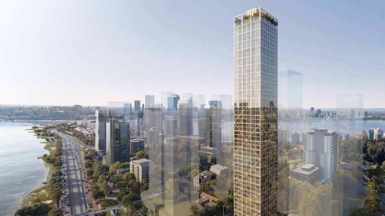 An artist's impression of world's tallest hybrid timber tower in South Perth, Australia.