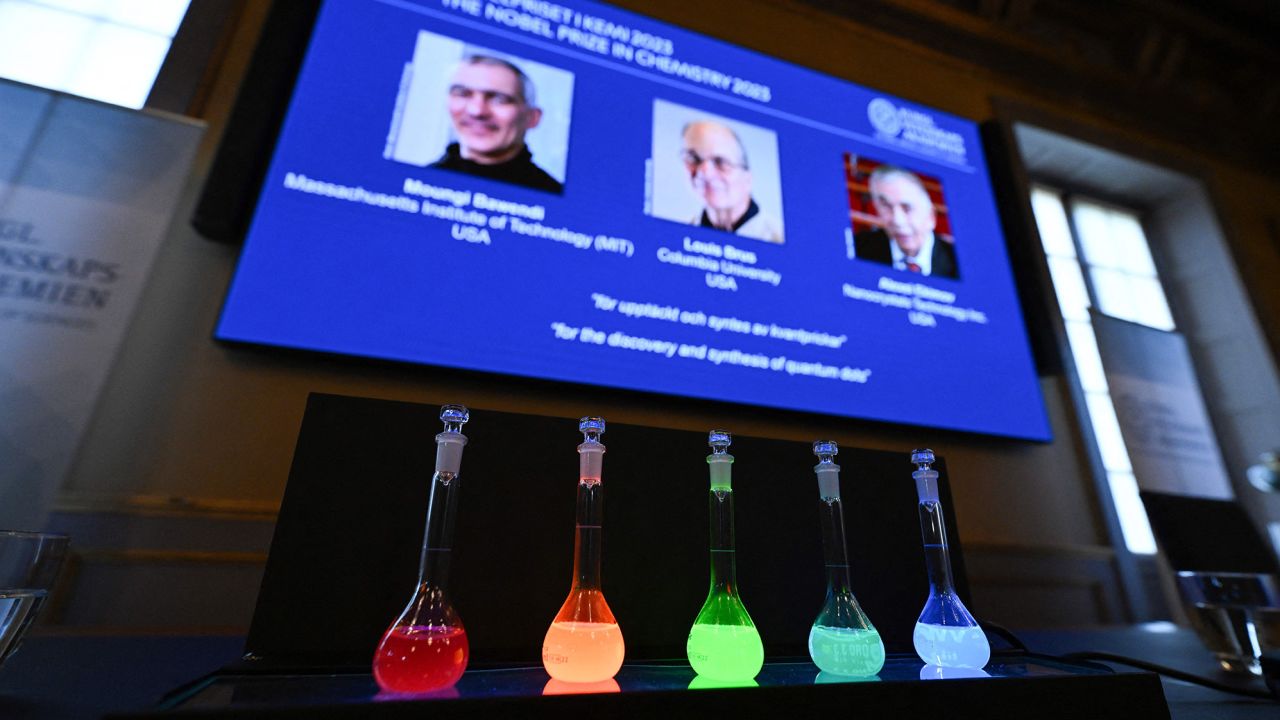 Laboratory flasks are used for explanation during the announcement of the winners of the 2023 Nobel Prize in chemistry at Royal Swedish Academy of Sciences in Stockholm on October 4, 2023. 
