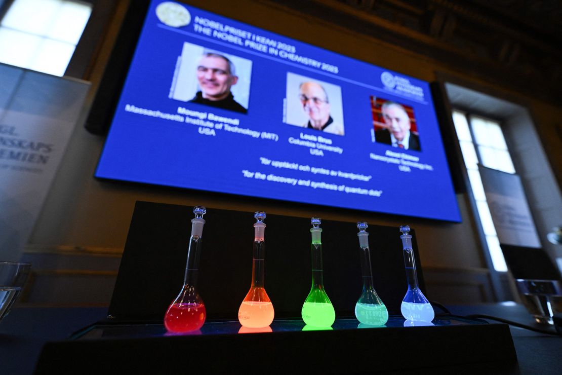 Laboratory flasks are used for explanation during the announcement of the winners of the 2023 Nobel Prize in chemistry at Royal Swedish Academy of Sciences in Stockholm on October 4, 2023.