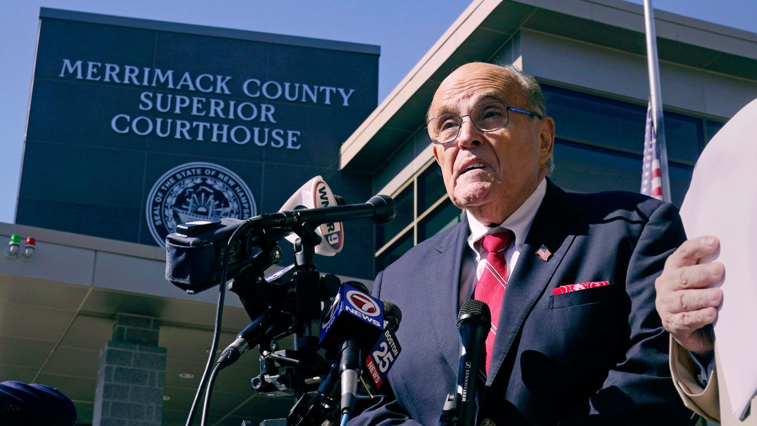 Former New York Mayor Rudy Giuliani addresses reporters in Concord, New Hampshire, on October 4, 2023.