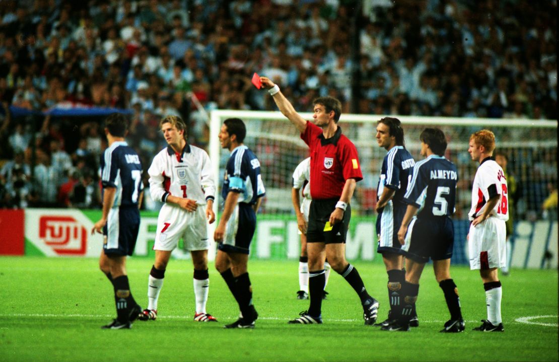 Beckham was red carded in England's round of 16 match at the 1998 World Cup.