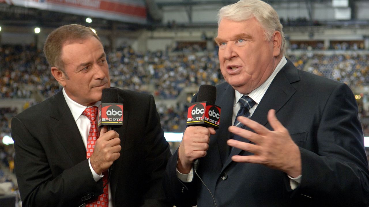 Detroit, MI - 2006: (L-R) Al Michaels, John Madden appearing on the ABC tv series 'Monday Night Football' covering the Pittsburgh Steelers vs the Seattle Seahawks, at Super Bowl XL from Ford Field. (Photo by Ida Mae Astute /American Broadcasting Companies via Getty Images)