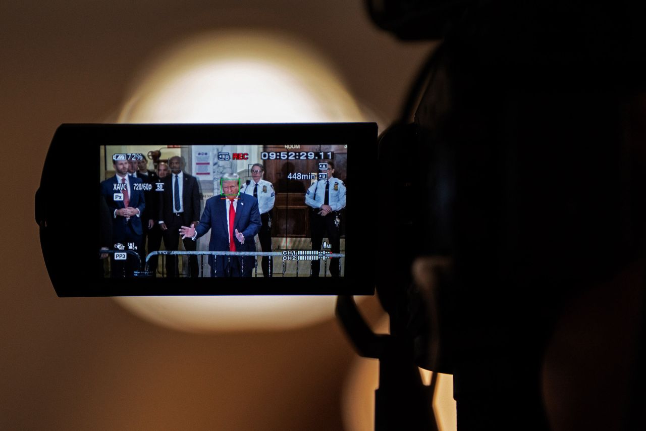 Trump is seen on camera while speaking to the media on Wednesday.