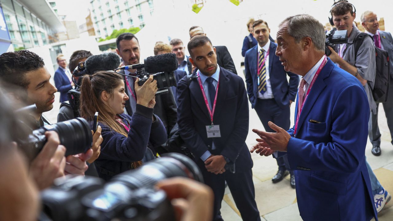 Nigel Farage, former leader of Britain's UK Independence Party, speaks to the media as the Conservative Party's annual conference takes place in Manchester, England, on October 2, 2023.