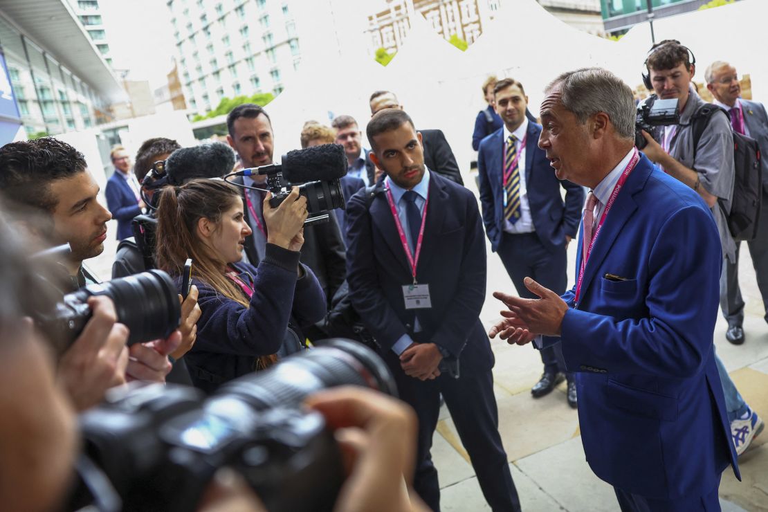 Nigel Farage, former leader of Britain's UK Independence Party, speaks to the media as the Conservative Party's annual conference takes place in Manchester, England, on October 2, 2023.