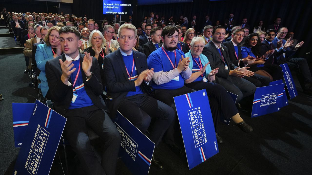 Supporters applaud as Britain's Prime Minister Rishi Sunak speaks during the Conservative Party annual conference on Wednesday.