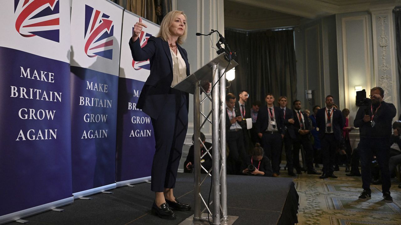Former British Prime Minister Liz Truss addresses the "Great British Growth Rally" fringe event on the sidelines of the Conservative Party's annual conference in Manchester on October 2, 2023.