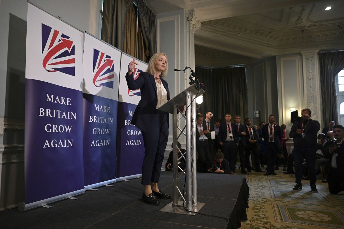 Former British Prime Minister Liz Truss addresses the "Great British Growth Rally" fringe event on the sidelines of the Conservative Party's annual conference in Manchester on October 2, 2023.