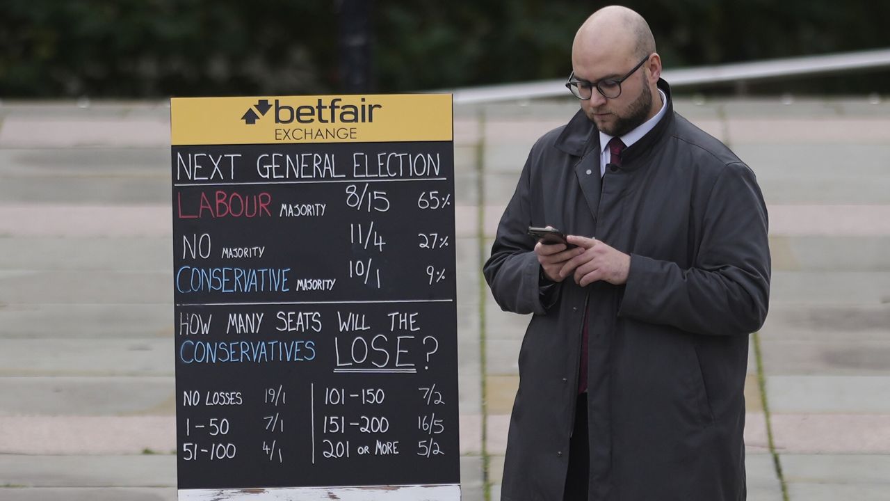 Bookmakers' odds on the next UK general election are displayed outside the Manchester venue for the Conservative Party Conference on October 4, 2023.