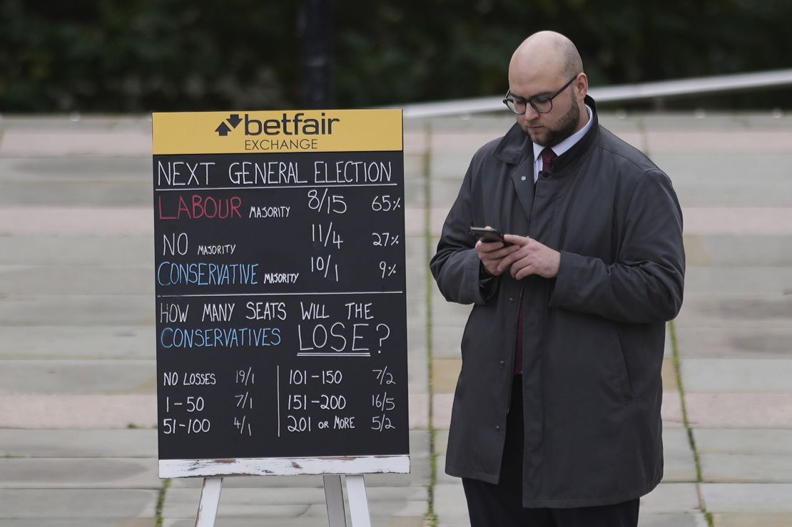 Bookmakers' odds on the next UK general election are displayed outside the Manchester venue for the Conservative Party Conference on October 4, 2023.