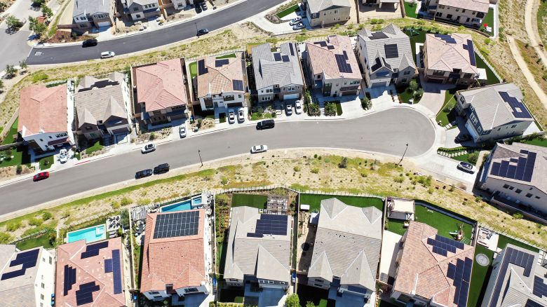 An aerial view of homes in a housing development in the Chatsworth neighborhood on September 08, 2023 in Los Angeles, California. 