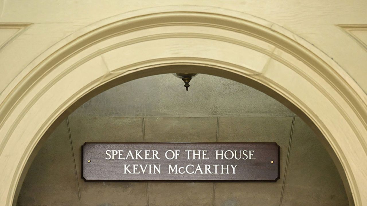 A sign hangs outside the office of former House Speaker Kevin McCarthy at the US Capitol on October 4, 2023. 