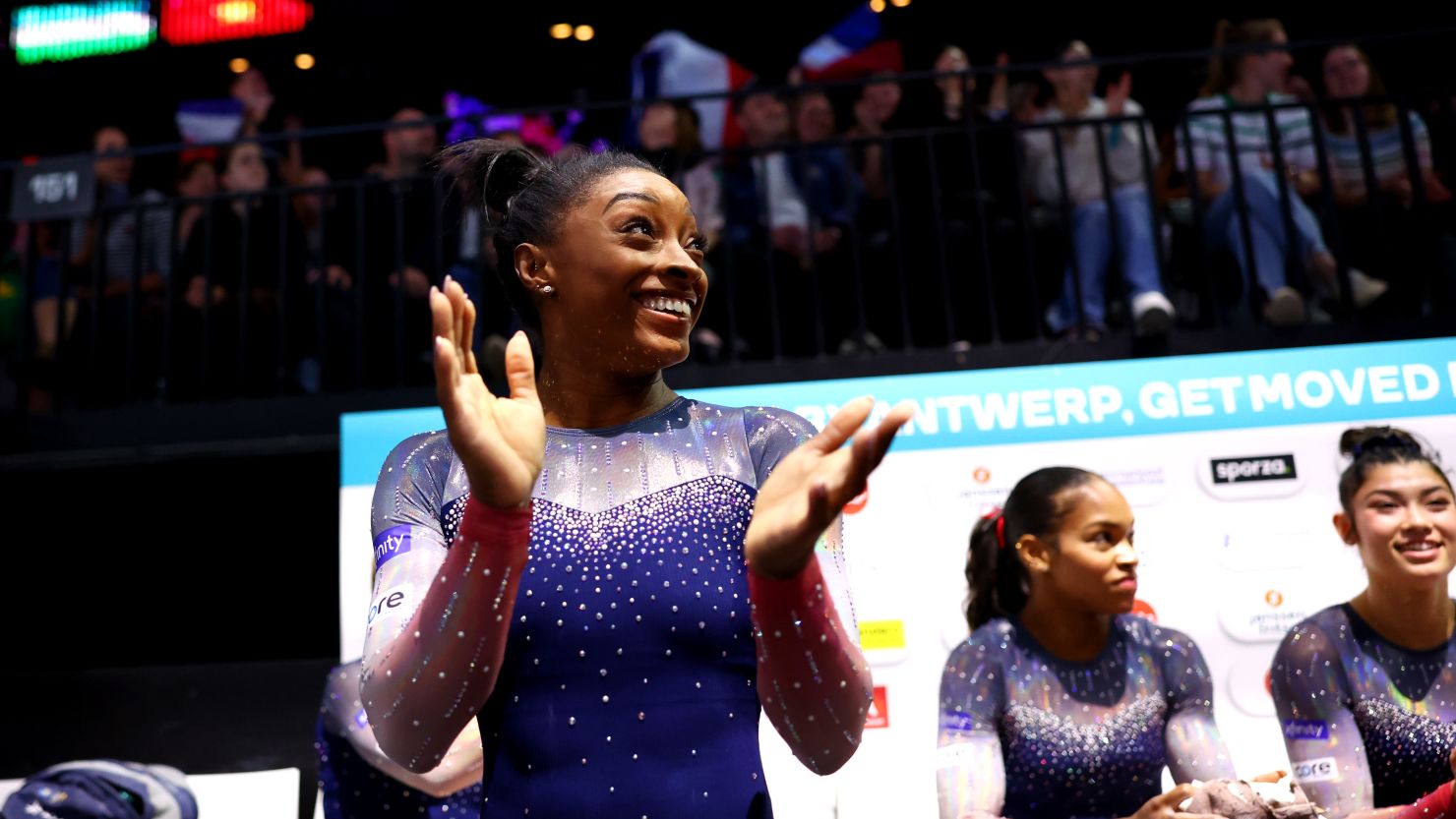 Simone Biles of Team United States celebrates during the Women's Team Final on Day Five of the 2023 Artistic Gymnastics World Championships on October 04, 2023 in Antwerp, Belgium. (Photo by Naomi Baker/Getty Images)