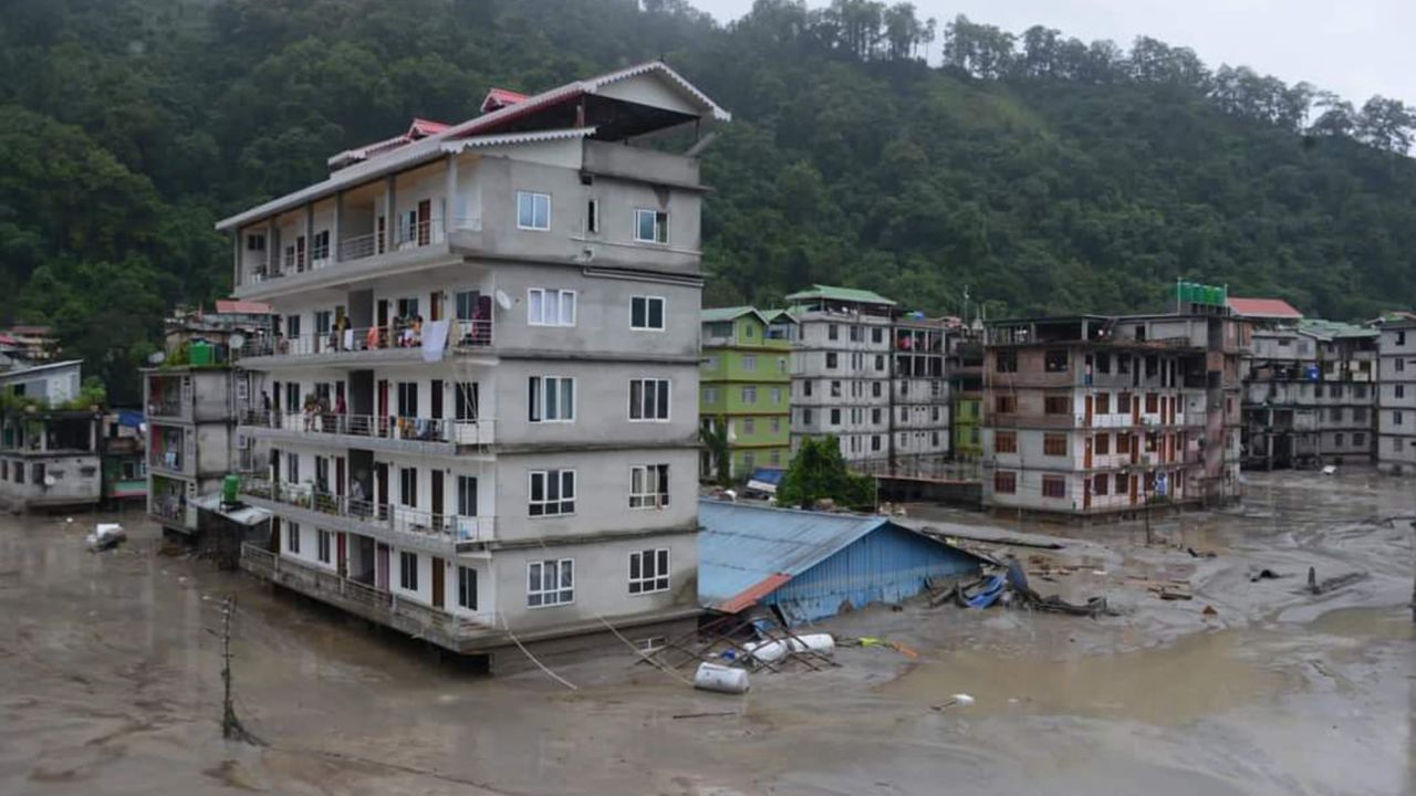 Buildings are inundated by flood waters in Rangpo town.