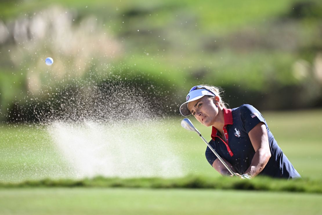 CASARES, SPAIN - SEPTEMBER 24:  Lexi Thompson of Team USA plays a shot from a bunker on the 17th hole during Day Three of The Solheim Cup at Finca Cortesin Golf Club on September 24, 2023 in Casares, Spain. (Photo by Stuart Franklin/Getty Images)