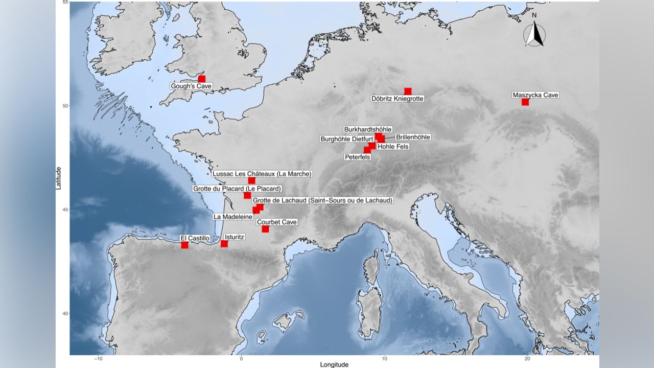 Map of Magdalenian sites where cannibalism has been identified in northwestern Europe.