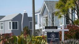 A Sale Pending sign hangs in front of a property in San Francisco, Tuesday, April 18, 2023. On Thursday, Freddie Mac reports on this week's average U.S. mortgage rates.