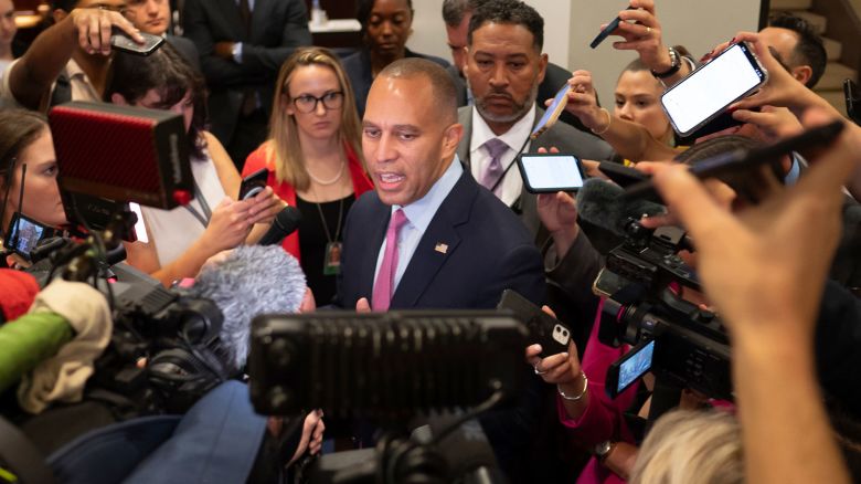 House Minority Leader Hakeem Jeffries (D-NY) speaks to reporters about an imminent vote on a motion to vacate at the US Capitol in Washington, D.C., on Tuesday, October 03, 2023. (Photo by Craig Hudson/Sipa USA)(Sipa via AP Images)