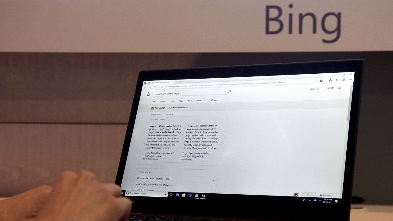 Laura Jones, senior product marketing manager at Microsoft, gives a demonstration of new intelligence search features in Bing at a Microsoft event in San Francisco, Wednesday, Dec. 13, 2017. 