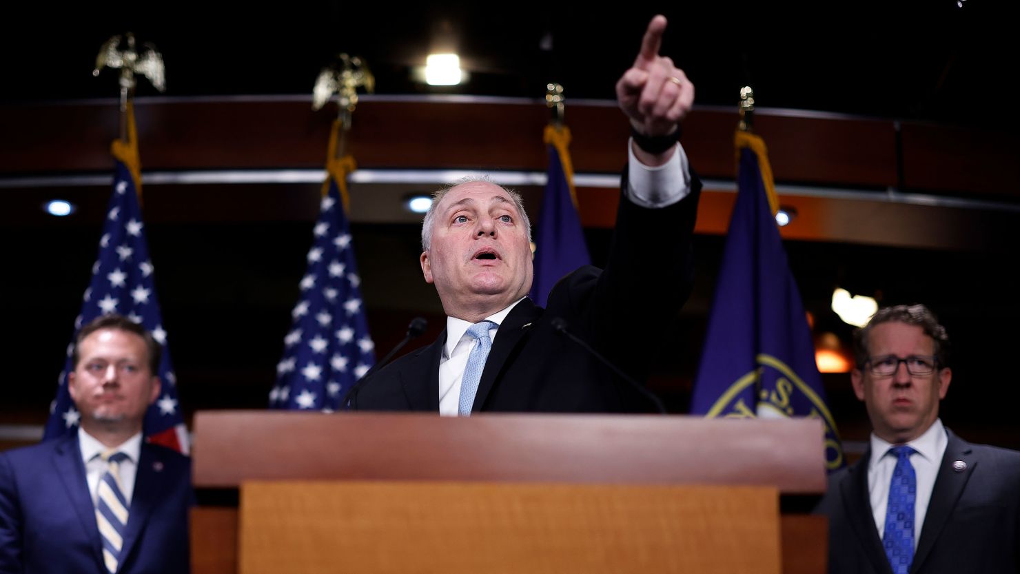 House Majority Leader Steve Scalise calls on reporters during a news conference following a GOP caucus meeting at the U.S. Capitol on January 10, 2023 in Washington, DC. 