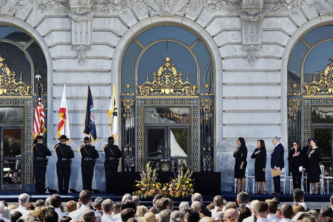 Mourners gather in honor of the late Sen. Dianne Feinstein outside of San Francisco City Hall on Thursday, October 5, in California. 
