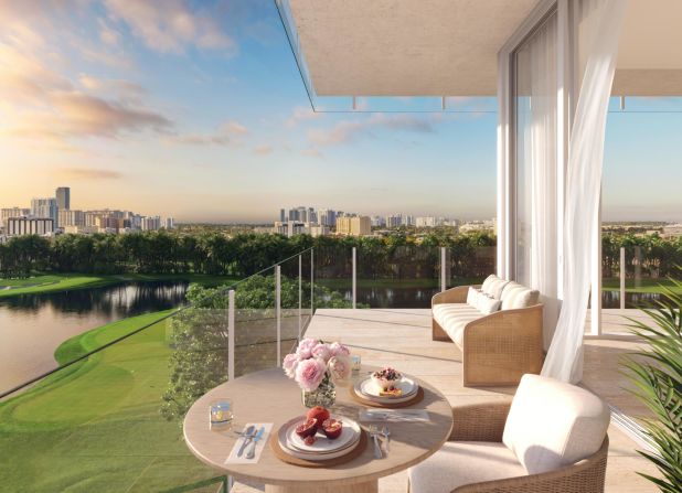 The 108 residences in the 20-story condominium tower, opening in 2024, offer private wraparound terraces for panoramic views of the course, pictured in this rendering. 