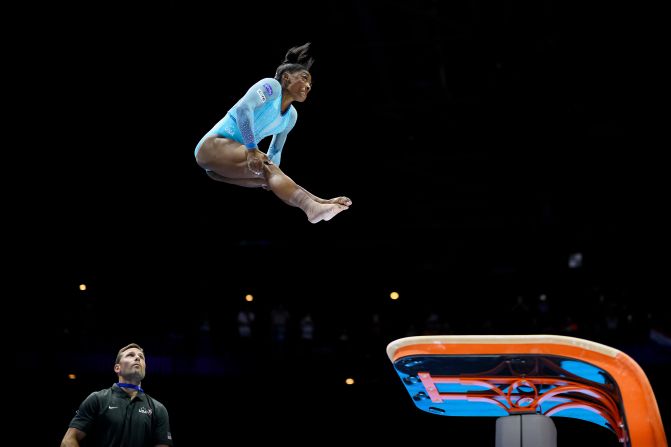 Biles lands a Yurchenko double pike vault — a high-difficulty skill historically only done by men — while qualifying for the women's all-around competition at the World Artistic Gymnastics Championships in October 2023. It was <a href="index.php?page=&url=https%3A%2F%2Fwww.cnn.com%2F2023%2F10%2F01%2Fsport%2Fsimone-biles-world-gymnastics-championships-qualifying-spt-intl%2Findex.html" target="_blank">the first time a woman landed the move in an international competition</a>.