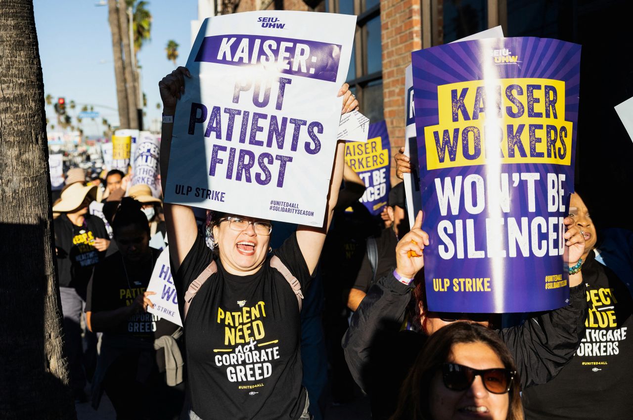 Health care workers picket in front of the Kaiser Permanente Los Angeles Medical Center on Wednesday, October 4. More than 75,000 unionized employees of Kaiser Permanente, one of the nation's largest not-for-profit health providers, <a href="https://www.cnn.com/2023/10/04/business/thousands-of-kaiser-permanente-workers-go-on-strike/index.html" target="_blank">walked off the job</a>, marking the largest health care worker strike in US history.
