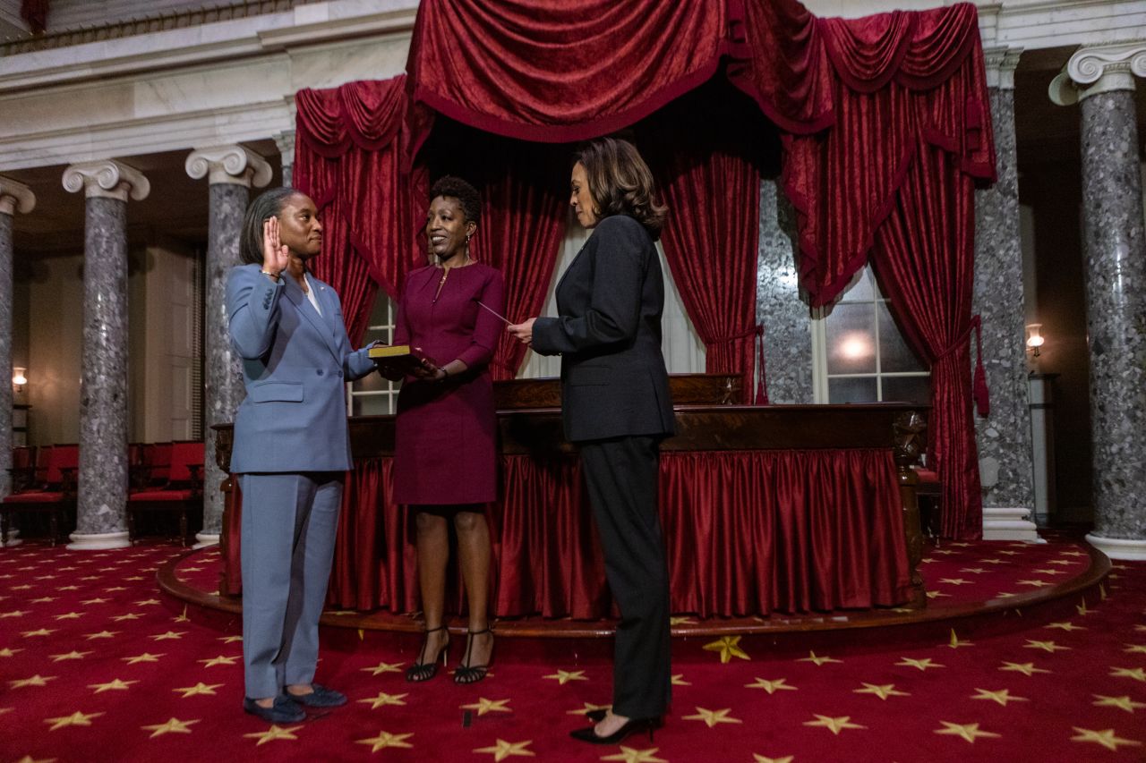 US Sen. Laphonza Butler is sworn in by Vice President Kamala Harris at the US Capitol on Tuesday, October 3. Butler, appointed by California Gov. Gavin Newsom to fill the seat left vacant by the death of Sen. Dianne Feinstein, <a href="https://www.cnn.com/2023/10/03/politics/laphonza-butler-sworn-in-senate/index.html" target="_blank">is only the third Black woman to serve as a US senator</a>. She's also the first out Black lesbian to enter Congress. Holding the Bible in the center is Butler's wife, Neneki Lee.