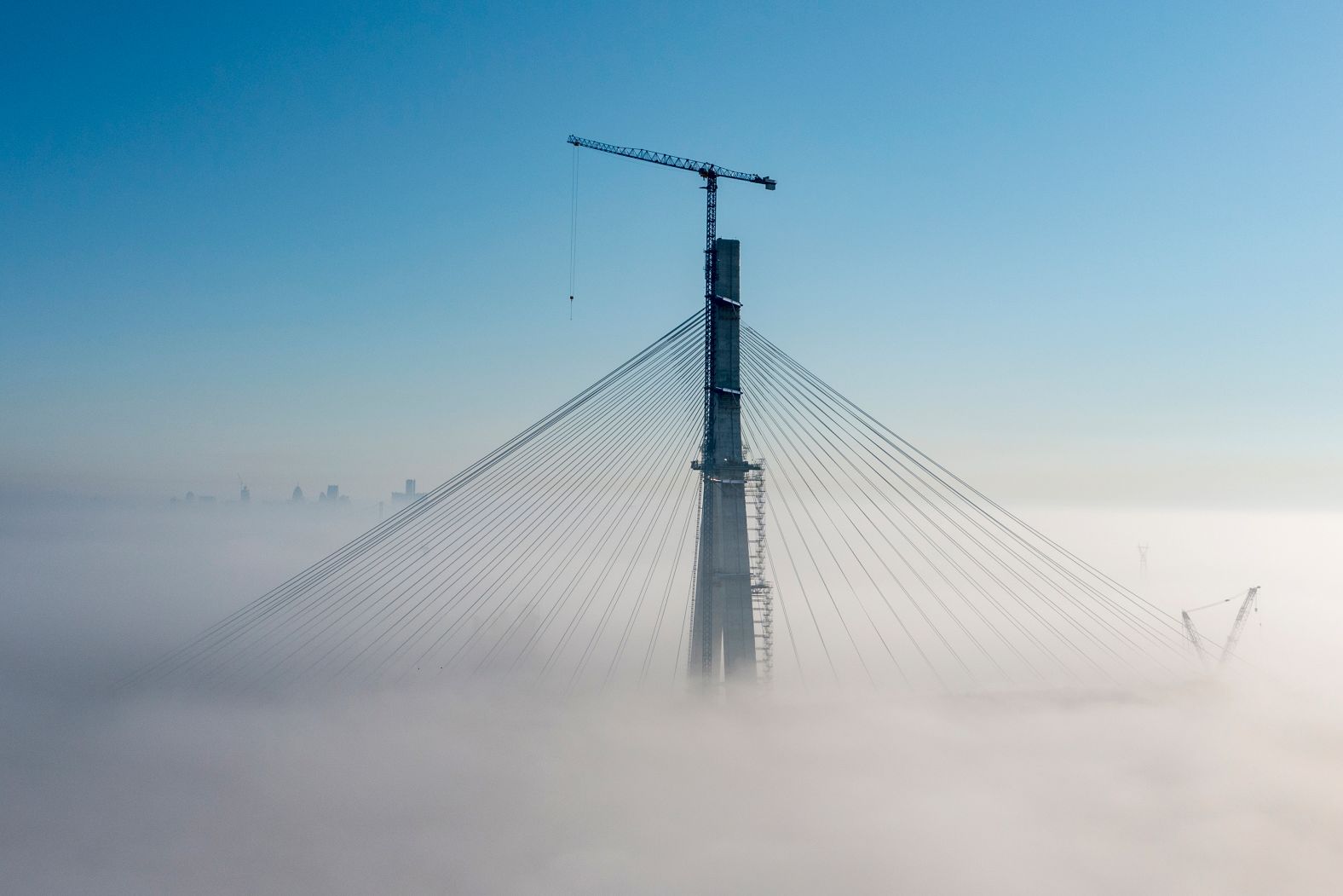 Fog is seen around the Gordie Howe International Bridge in Detroit on Tuesday, October 3.