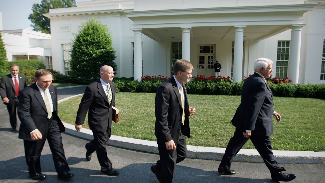 Rep. Jim Jordan, center, walks with other Republican members of congress after addressing the media outside the West Wing of the White House where they met with President Bush, in Washington,DC, on Thursday, July 26, 2007.