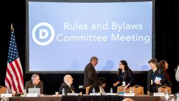 In this December 2022 photo, the Democratic National Committee Rules and Bylaws Committee discuss proposed changes to the primary system during a meeting at the Omni Shoreham Hotel in Washington, DC. 