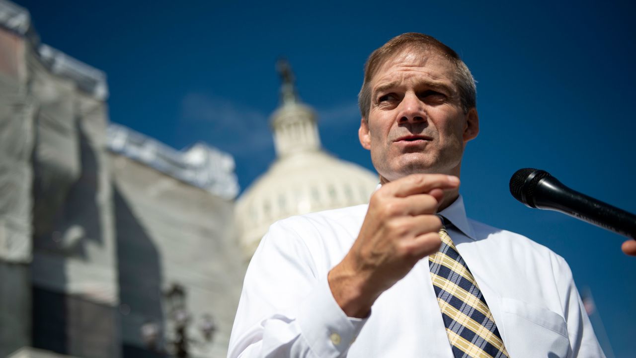 Rep. Jim Jordan, R-Ohio, talks with members of the media as he departs after the last votes of the week on Capitol Hill on Friday, Sept. 27, 2019. 