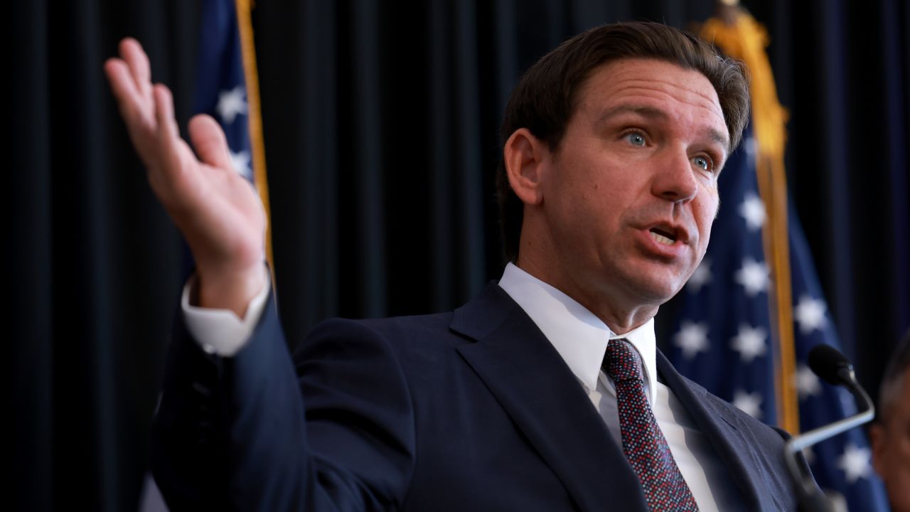  Republican presidential candidate Florida Gov. Ron DeSantis speaks during a campaign event at The Vault on October 05, 2023 in Tampa, Florida.