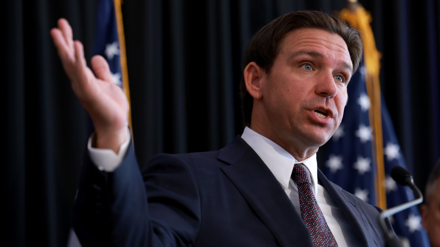 Republican presidential candidate Florida Gov. Ron DeSantis speaks during a campaign event at The Vault on October 5, 2023 in Tampa, Florida.