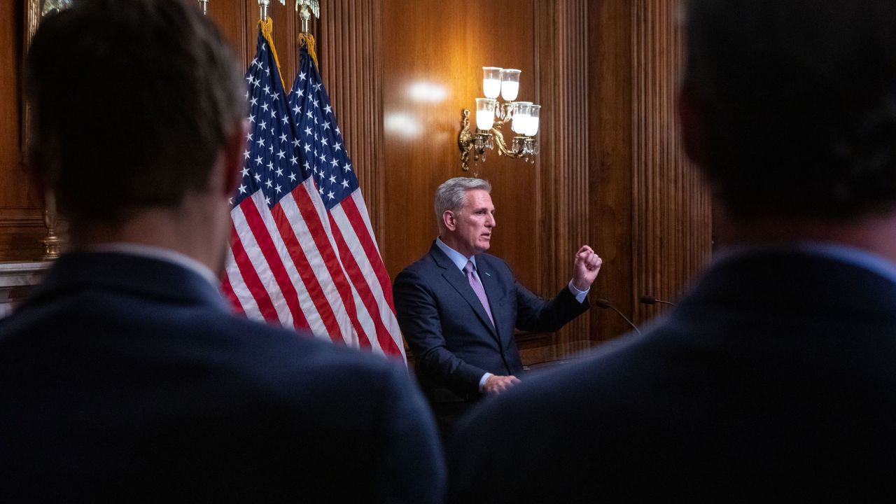 Former Speaker Kevin McCarthy (R-CA) speaks to the press after the motion to vacate his position passes in the U.S. Capitol on October 3, 2023 in Washington, DC.