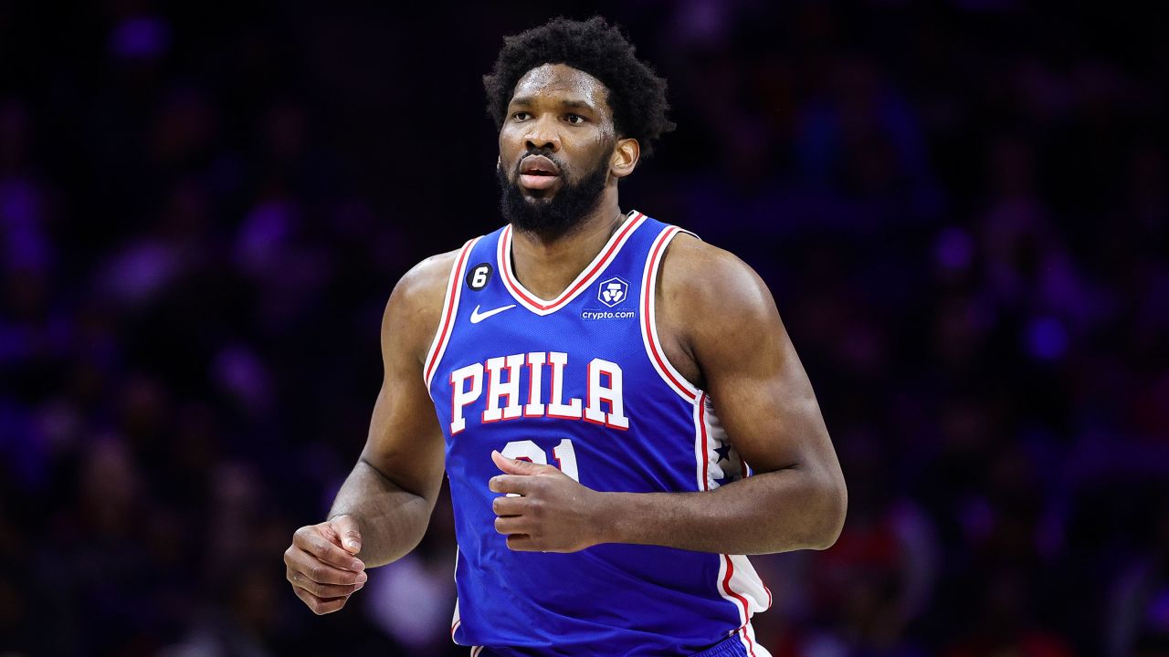 PHILADELPHIA, PENNSYLVANIA - FEBRUARY 27: Joel Embiid #21 of the Philadelphia 76ers looks on against the Miami Heat at Wells Fargo Center on February 27, 2023 in Philadelphia, Pennsylvania. NOTE TO USER: User expressly acknowledges and agrees that, by downloading and or using this photograph, User is consenting to the terms and conditions of the Getty Images License Agreement. (Photo by Tim Nwachukwu/Getty Images)